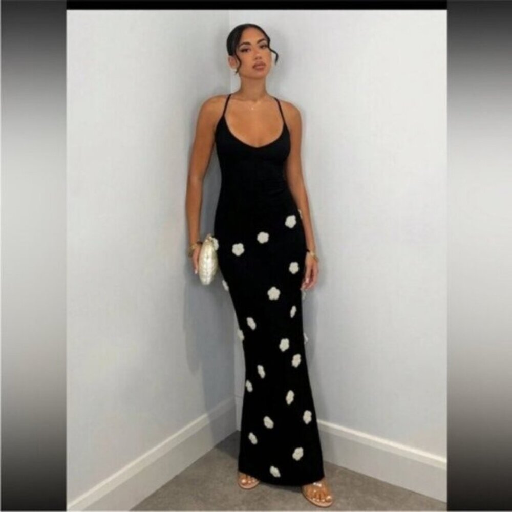 Black Floral Appliqué Maxi Slip Dress